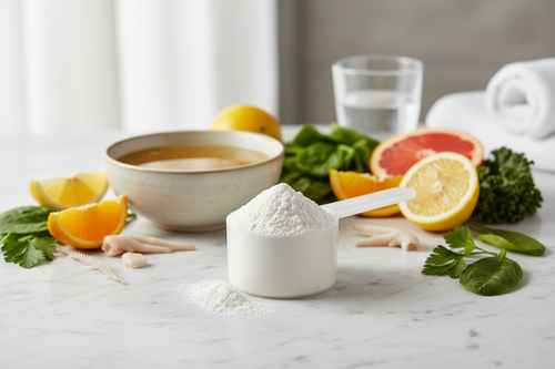 PureVital Collagen Peptides ingredient flat lay on marble