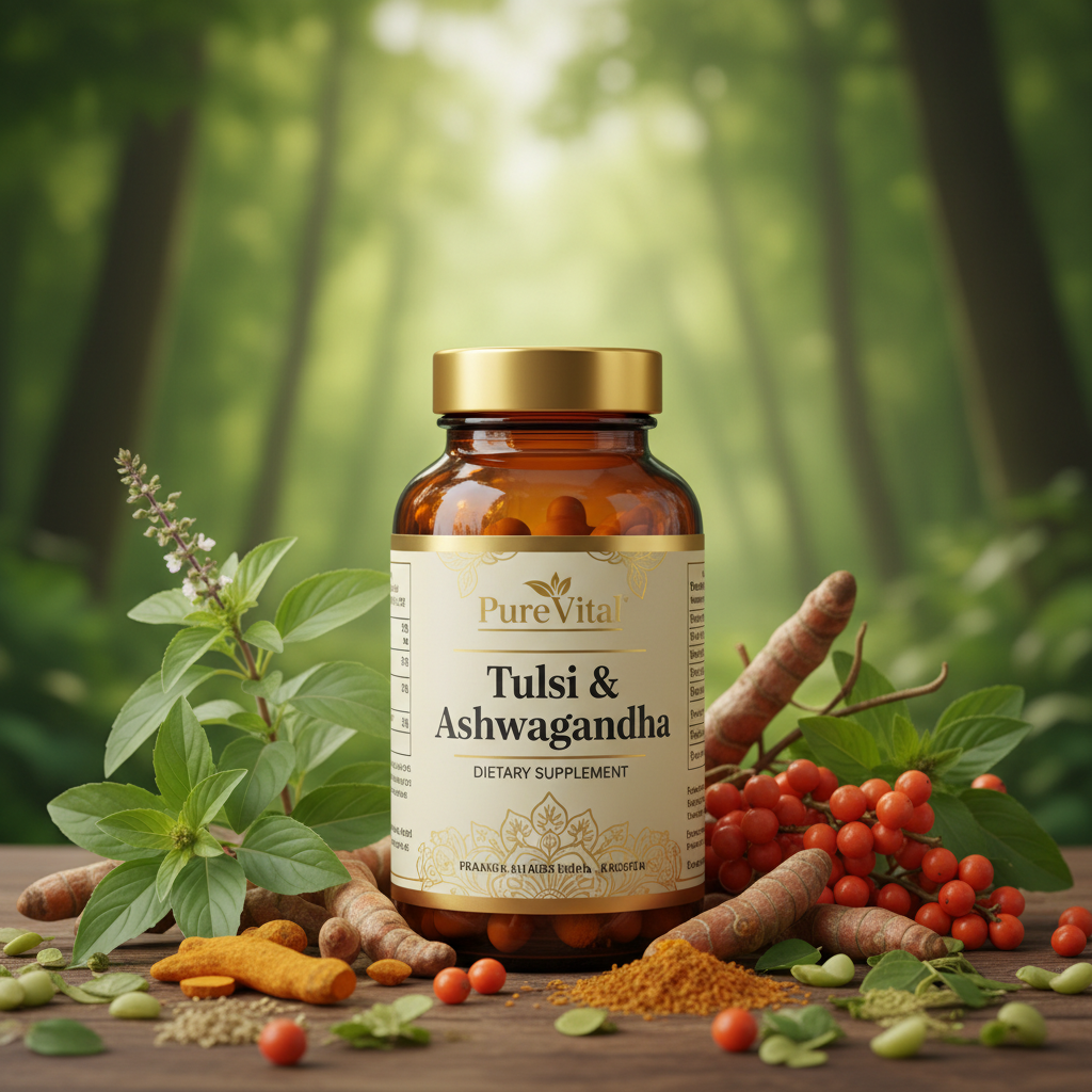 PureVital Organic Tulsi & Ashwagandha Capsules – Stress, Immunity & Vitality